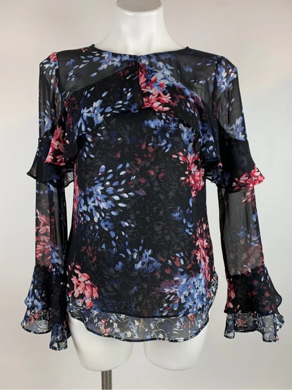 White House Black Market Floral Sheer Blue Pink Top Blouse Ruffle Sleeve WHBM 8
